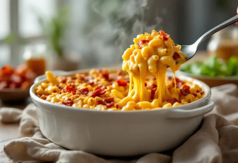 Macaroni au fromage ultra crémeux, cheddar fort, bacon croustillant et sirop d'érable